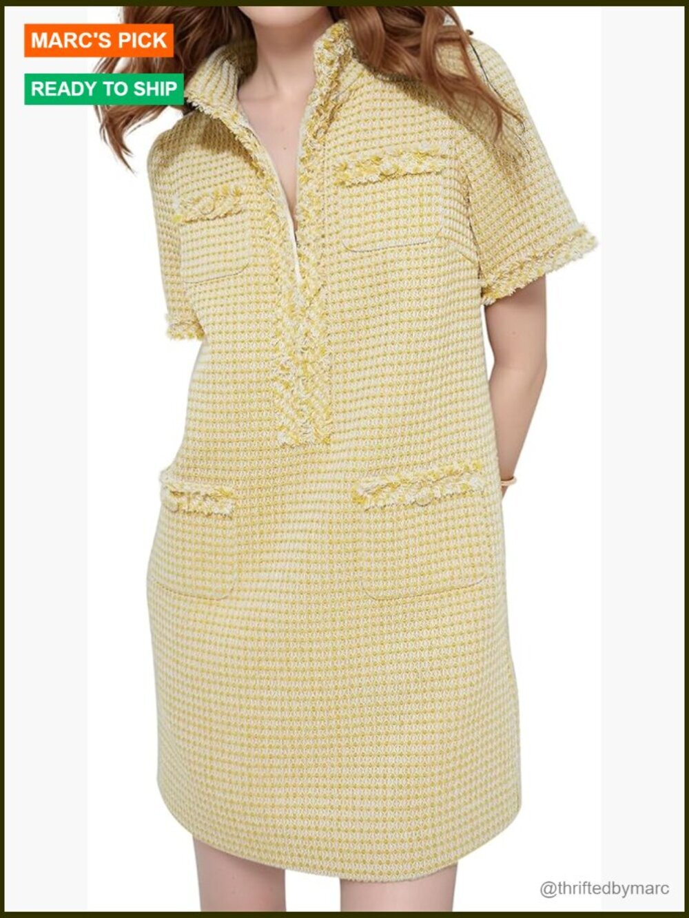 Womens Tweed Shift Dress Short Sleeve V-Neck Mini A-Line Work Cocktail Party